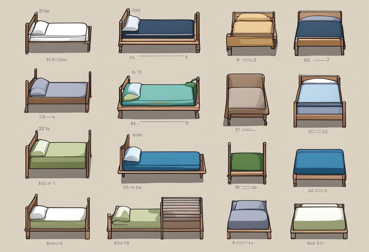 A variety of beds displayed with measurements