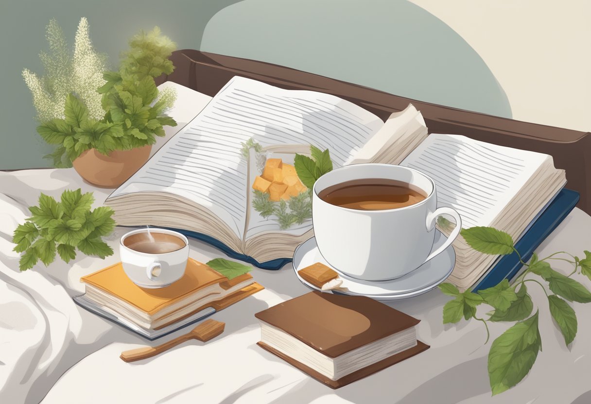 A cozy bedroom with a bedside table holding a variety of herbal tea bags, a steaming cup, and a book on sleep improvement
