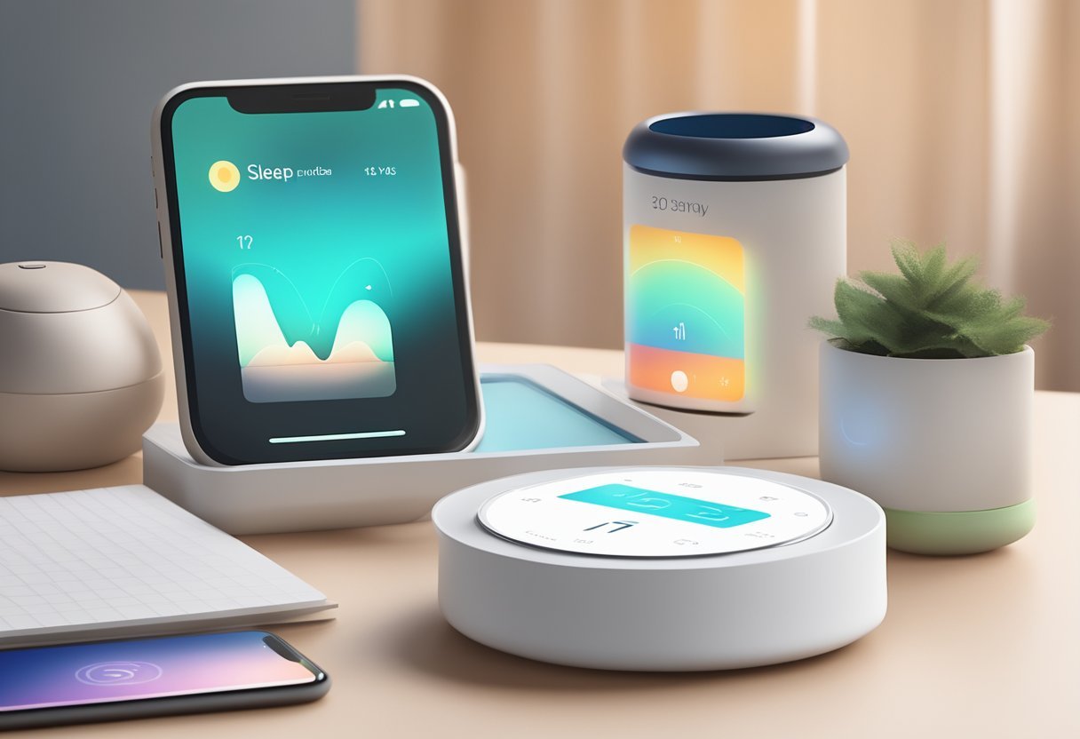 A bedside table with a smart sleep tracker, a white noise machine, and a smartphone displaying a sleep monitoring app