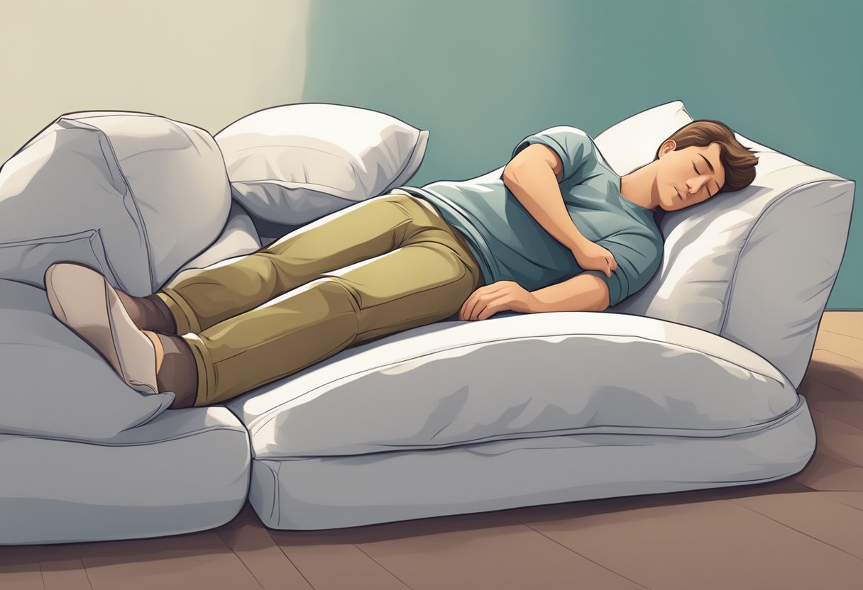 A person sleeping with legs elevated on pillows to relieve leg pain